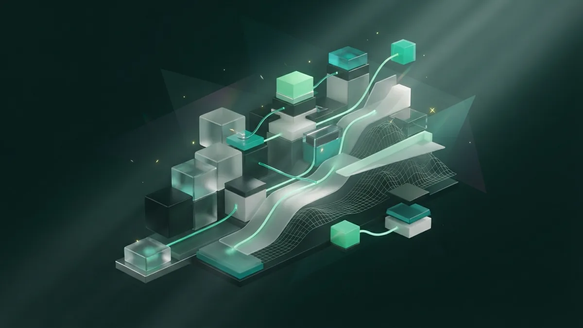 Abstract emerald blocks connected by light paths to represent steady SEO growth