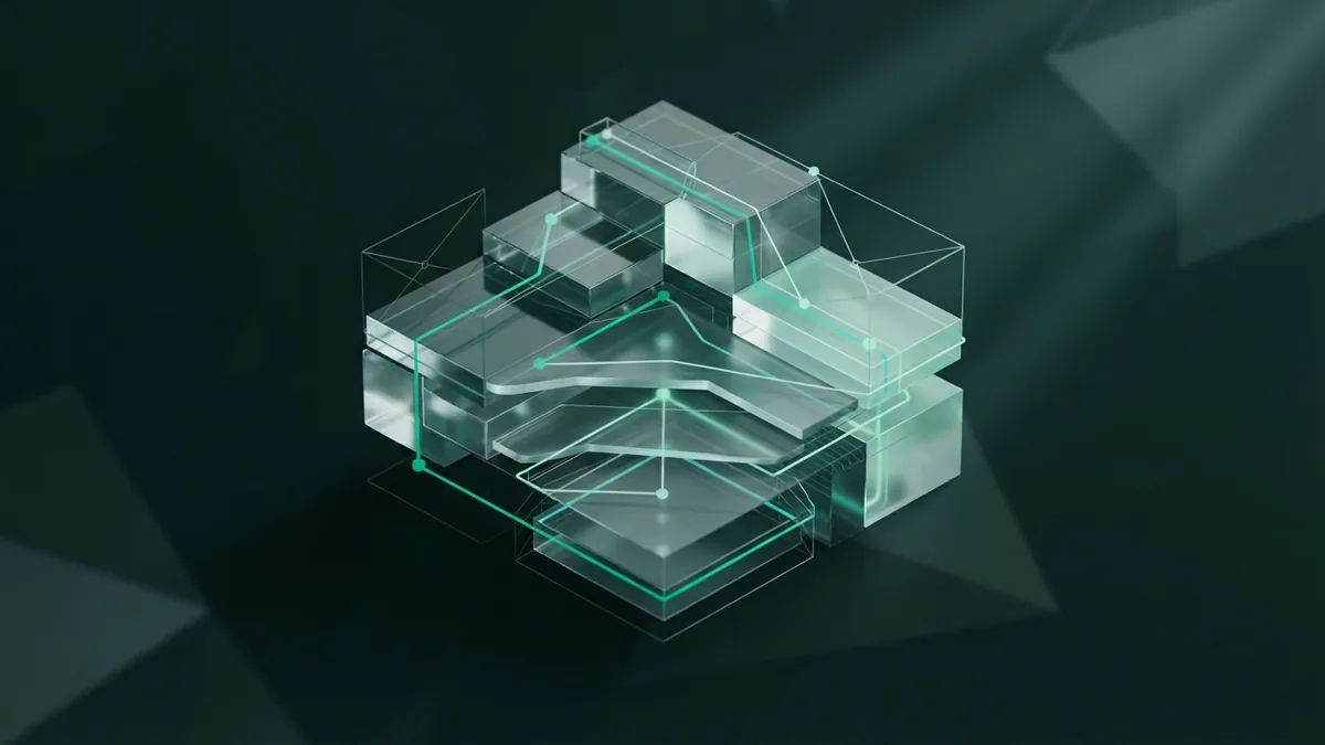 Glass geometric structure with fine light paths representing software design checks