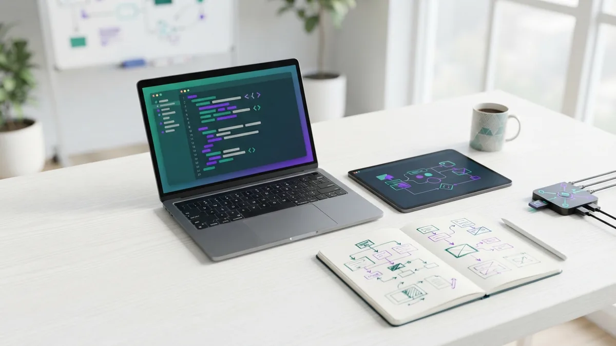 Front-end and back-end development Front-end and back-end web development tools arranged across a bright desk
