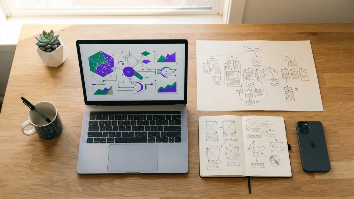 SEO and content planning setup with analytics charts and a website sitemap