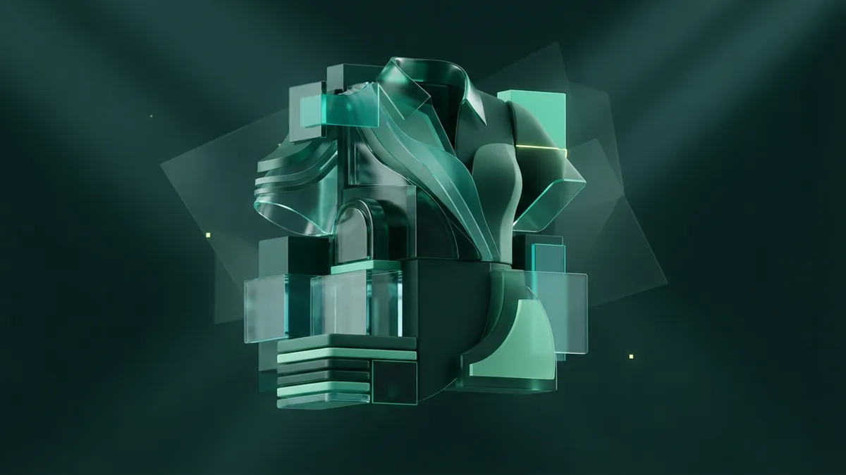 Abstract layered forms representing a focused apparel graphic design process in green and teal