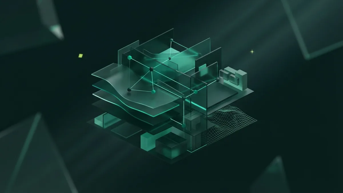 Abstract translucent planes and nodes representing a curated graphic design portfolio