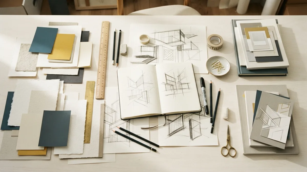 Creative workspace with brand colors, type samples, and design materials