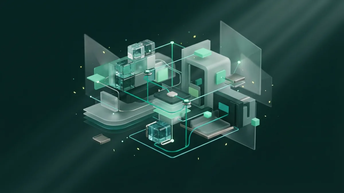 Modular glass blocks linked in an abstract digital marketing system