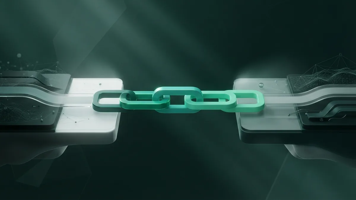 Trusted link building bridge Teal geometric bridge showing trusted link building between related sites