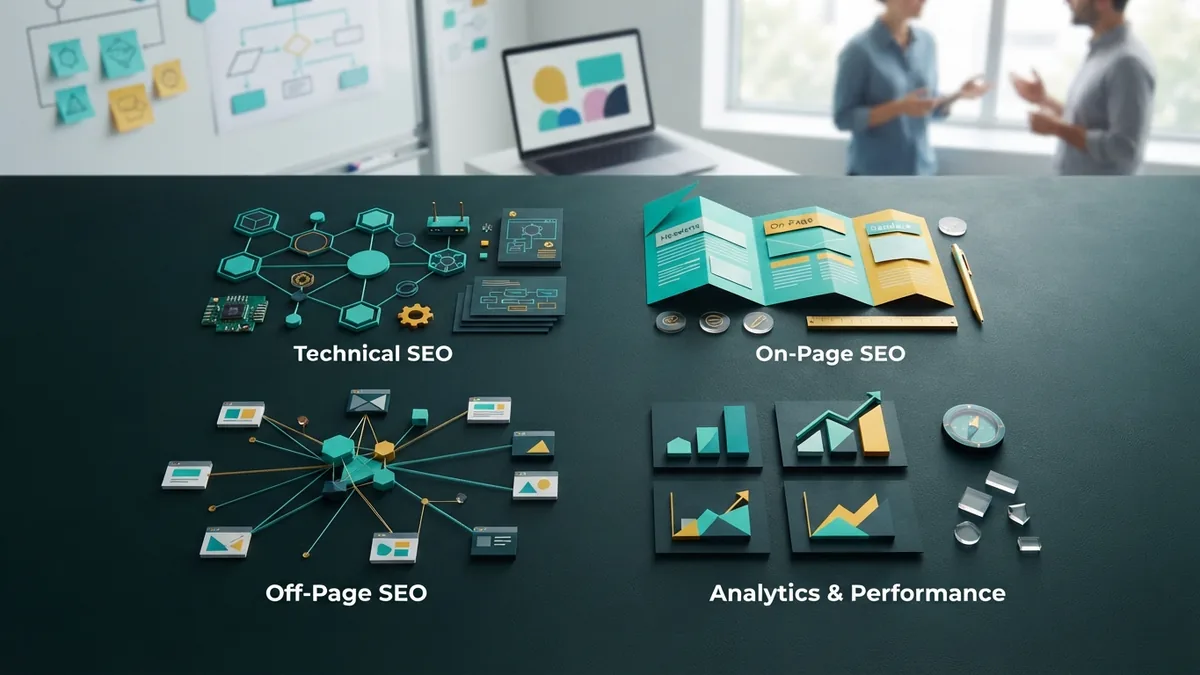 The main types of SEO work Organized desk groups representing on-page, technical, off-page, and local SEO