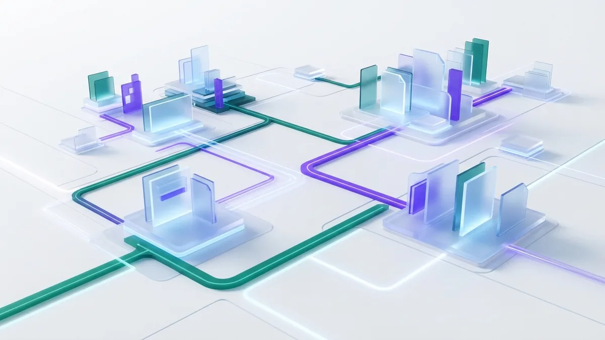 Abstract search engine crawling concept with connected paths across a bright digital landscape