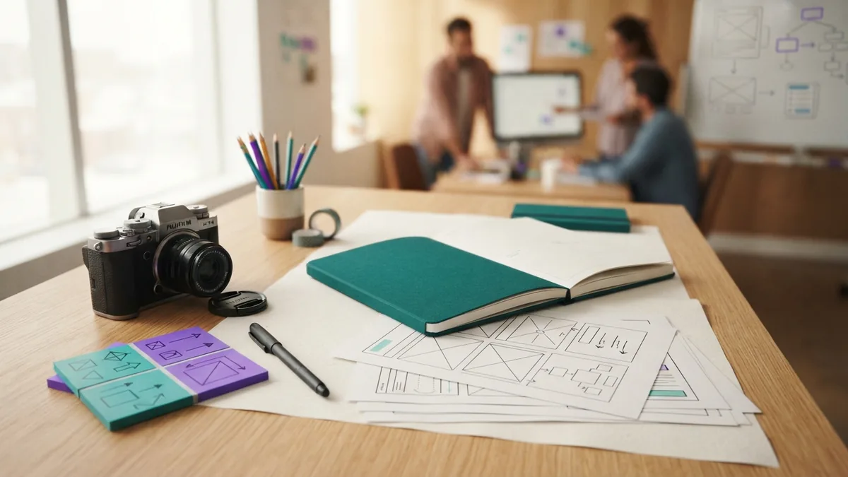 SEO content planning Website content planning desk with keyword notes, page outlines, and a small camera