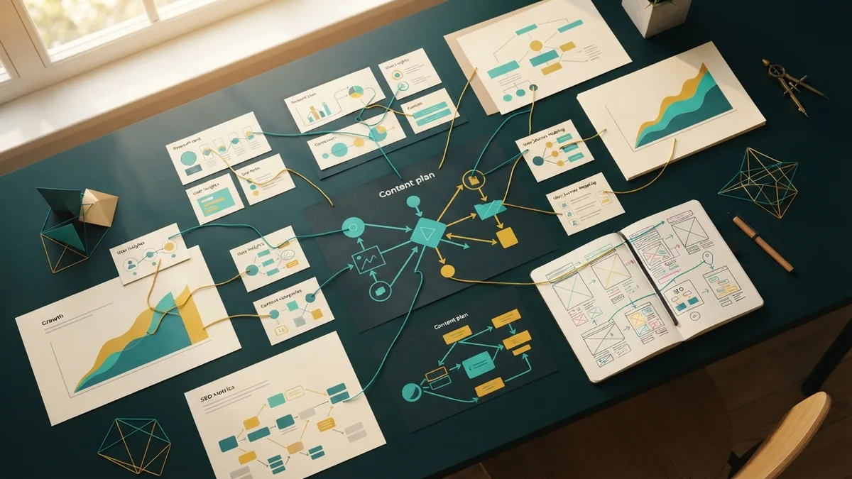 Growing trust through content and links Desk with research notes, link maps, and charts showing a growing website content plan