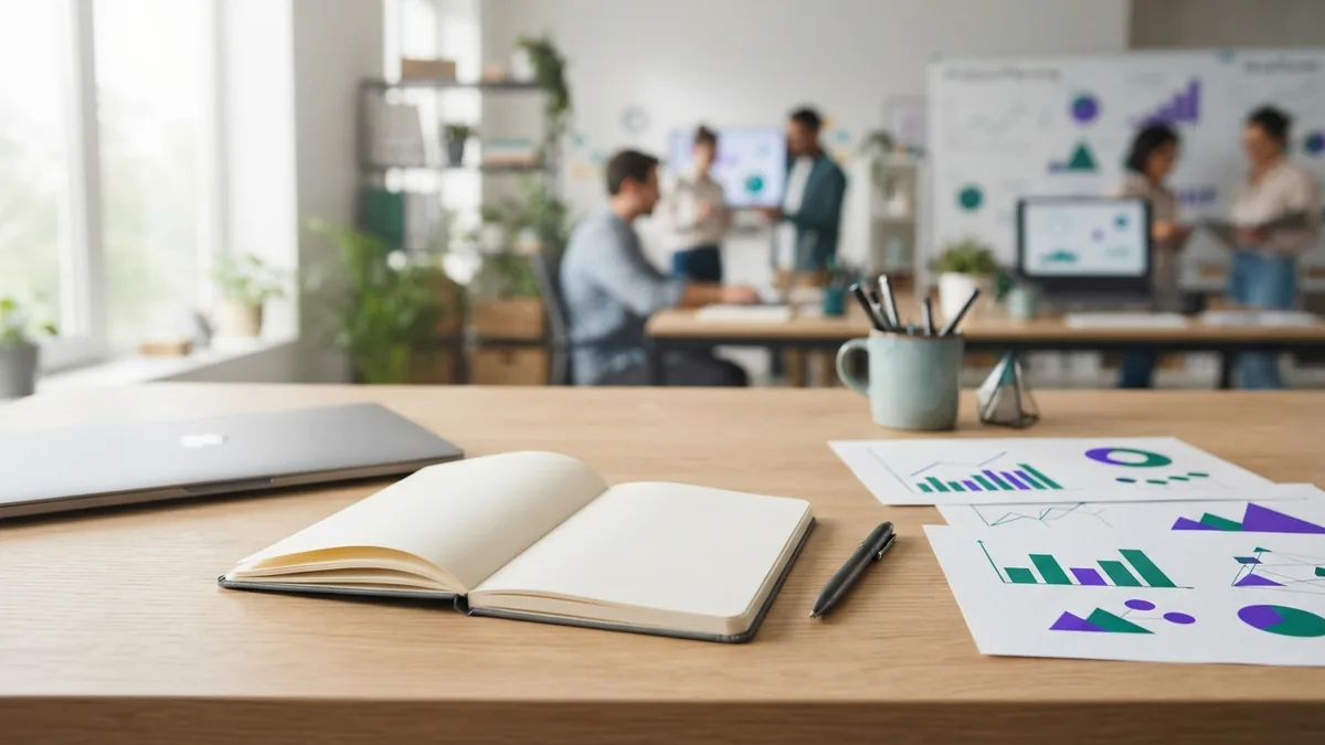 Content quality review Writer reviewing a long-form guide beside a laptop and analytics charts in a bright office