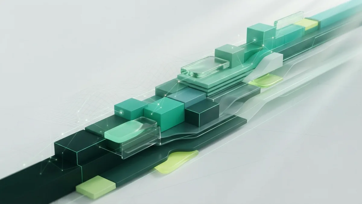 Modular green forms rise along a connected path, representing steady business growth through SEO