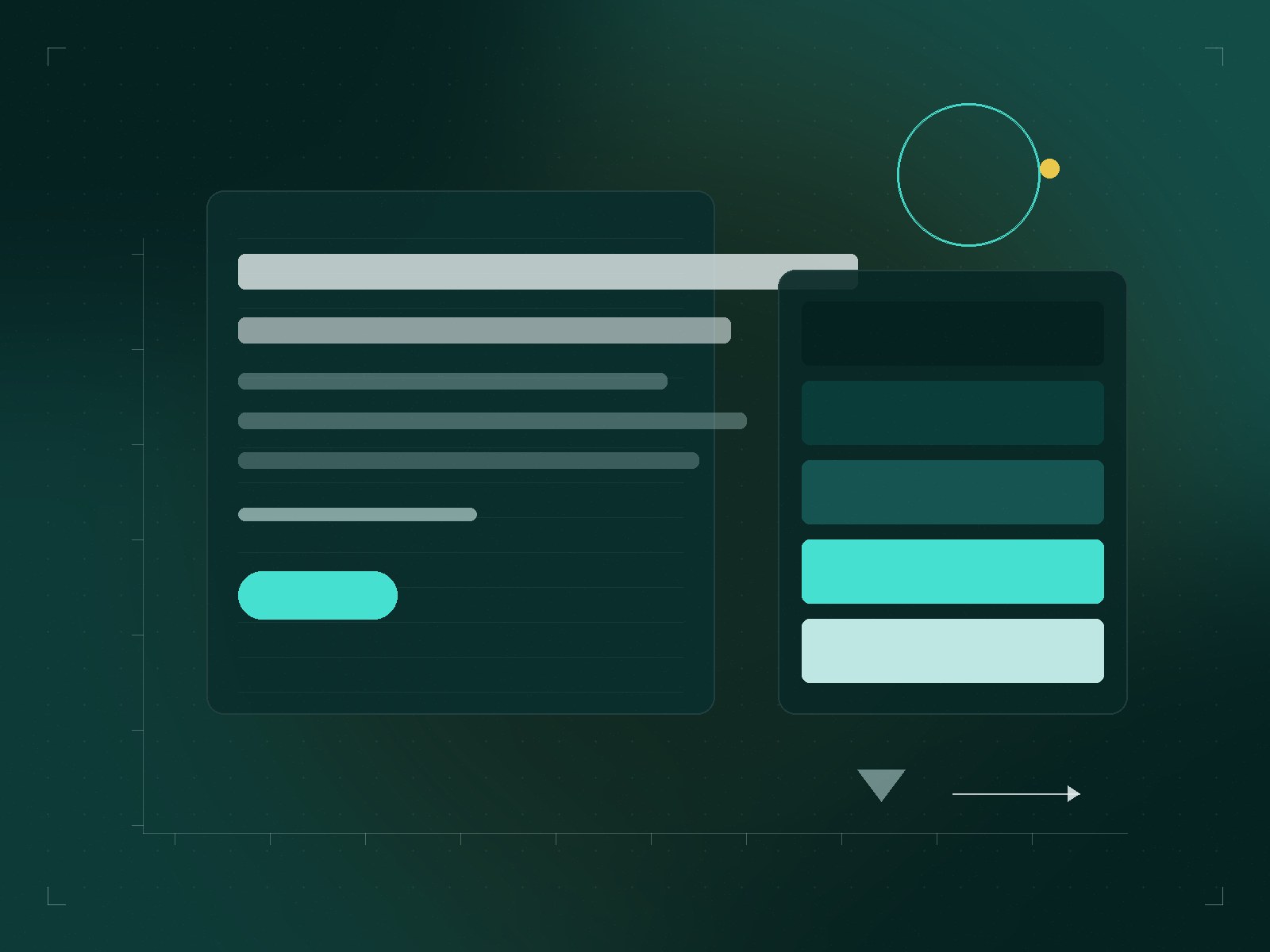 Wireframe layout paired with a mint-teal colour system on a dark editorial canvas — Navicore design